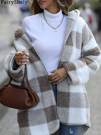 Women’s Plush Hooded Plaid Coat – Elegant Thick Two-Sided Long Winter Jacket 2025