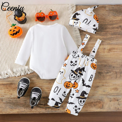 Ceeniu My First Halloween Baby Outfit – Boys Long Sleeve Letter Romper with Suspender Pants & Hat, Newborn Costume