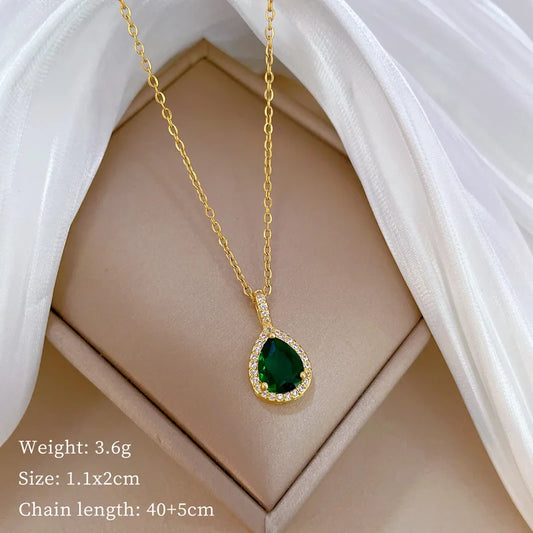 DIEYURO 316L Stainless Steel Green Water Droplet Zircon Pendant Necklace & Earrings Set – Trendy Jewelry Gift for Girls