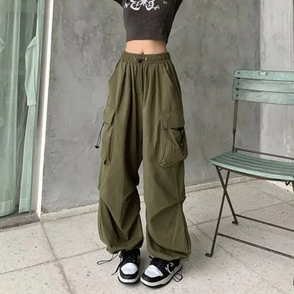 Women’s Y2K Streetwear Joggers – Low Waist Drawstring Tech Pants, Oversized Wide-Leg Baggy Sweatpants