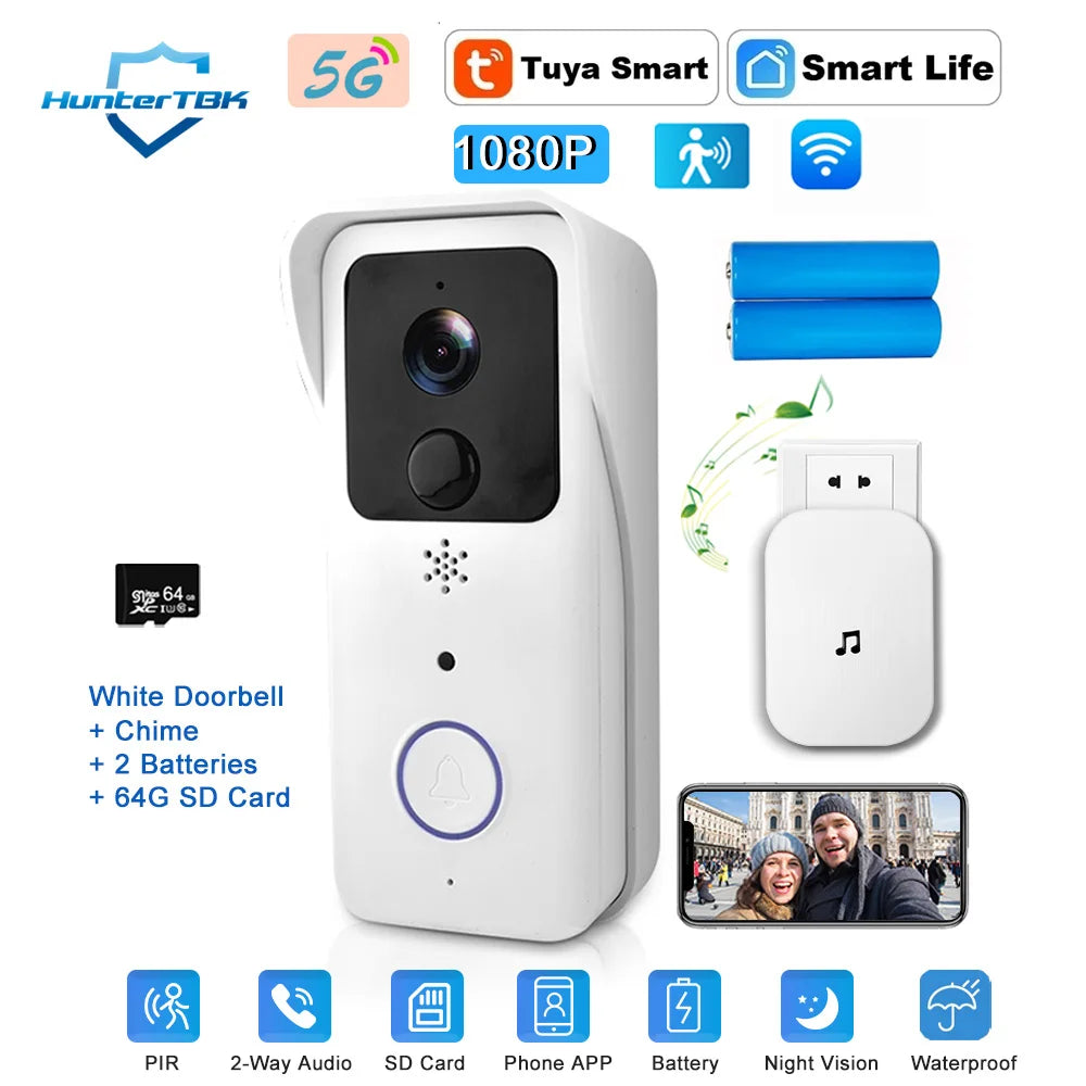 Smart WiFi Video Doorbell 1080P – 5G/2.4G Tuya Wireless Door Camera, Outdoor Waterproof Intercom with Motion Alert & Chime