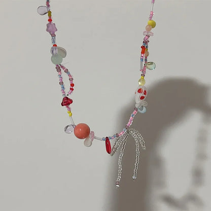 Harajuku Y2K Colorful Beaded Bow Pendant Necklace – Aesthetic Acrylic Jewelry for Women & Party Wear