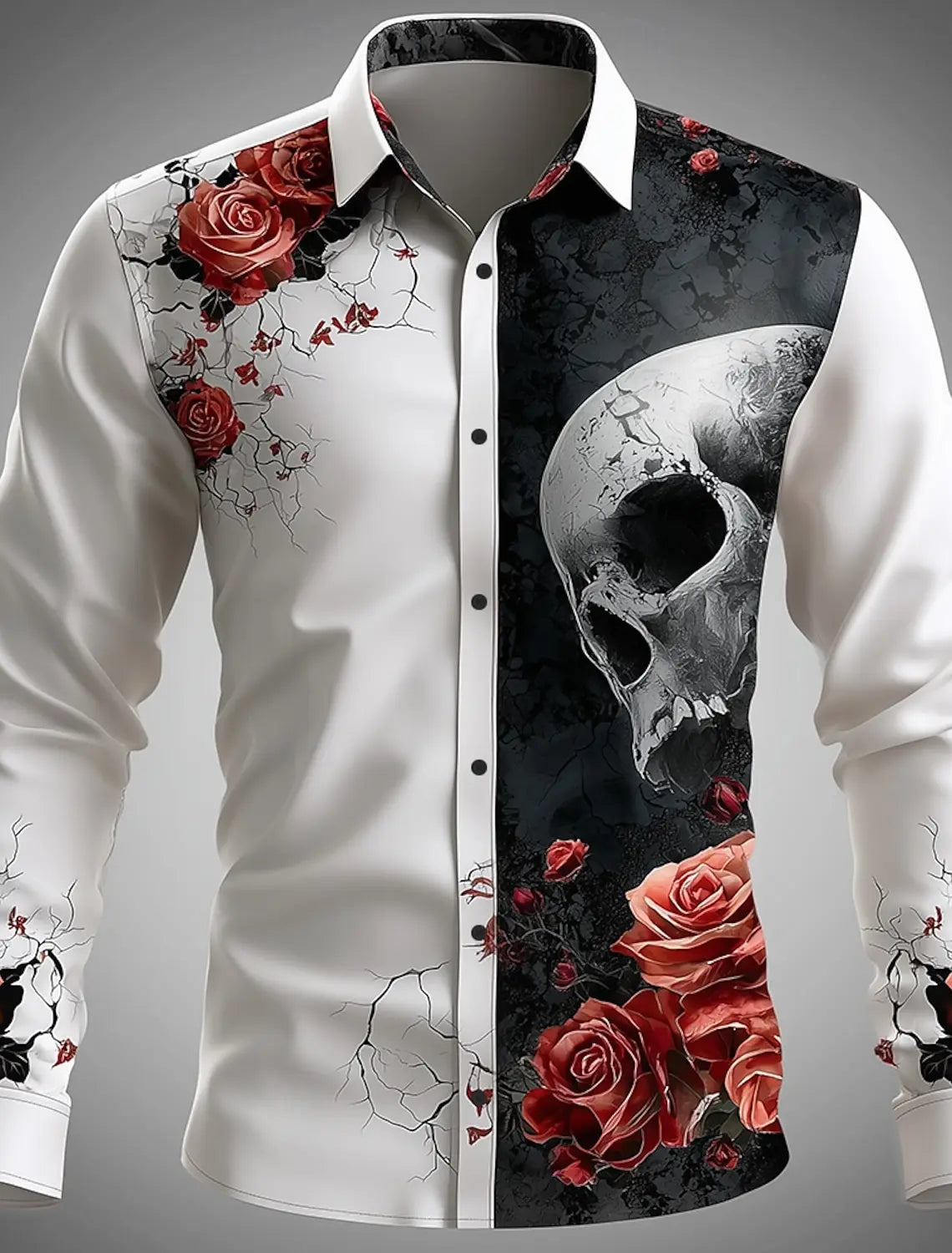 2025 Halloween Men’s Costume Shirt – Skull Print Button-Up Long Sleeve Casual Dress Shirt, Dark Gothic Style