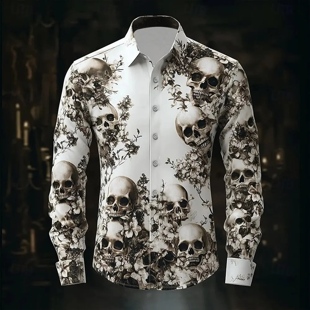 2025 Halloween Men’s Costume Shirt – Skull Print Button-Up Long Sleeve Casual Dress Shirt, Dark Gothic Style