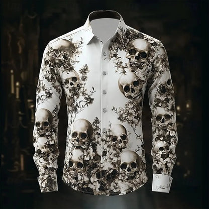 2025 Halloween Men’s Costume Shirt – Skull Print Button-Up Long Sleeve Casual Dress Shirt, Dark Gothic Style