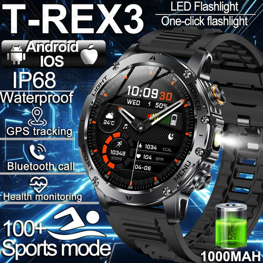 2025 T-Rex 3 Smart Watch – 1.75” HD Large Screen Military Sport Smartwatch with Dual-Band GNSS, Compass & IP68 Waterproof Rating