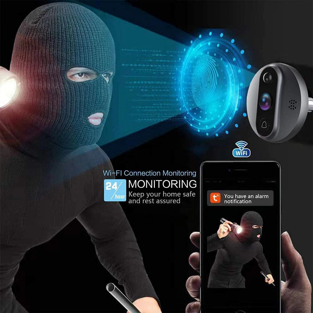 3MP Tuya Smart WiFi Door Viewer – 1080P Peephole Camera with 5000mAh Battery, PIR Motion Alert, IR Night Vision, Alexa/Google Compatible