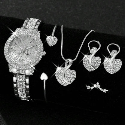 Women’s Quartz Watch & Jewelry Set – Gold Rhinestone Necklace, Ring & Earrings Luxury Fashion Wristwatch