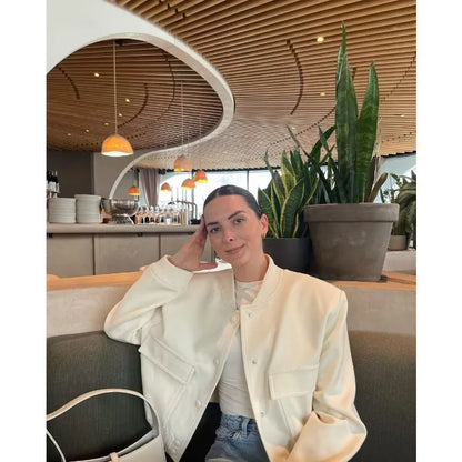 Women’s Cropped Bomber Jacket – MUJER 2025 White Button Long-Sleeve Autumn/Winter Coat