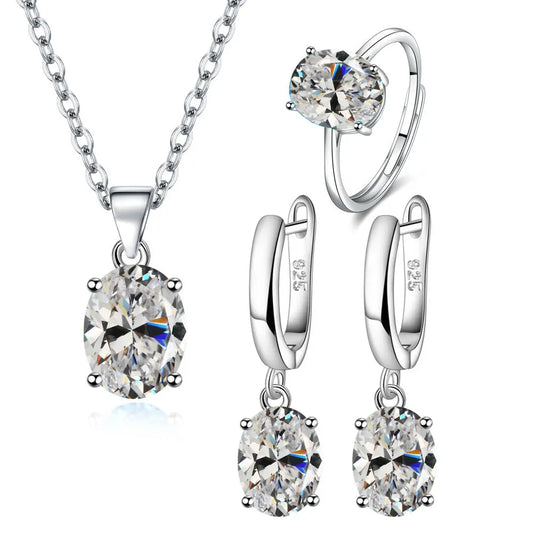 925 Sterling Silver Women’s Jewelry Set – Elegant Ellipse Zircon Ring, Necklace & Earrings