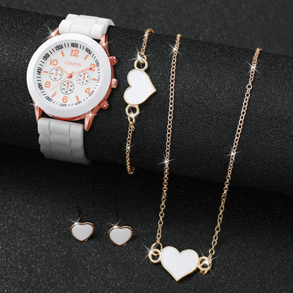 5/6PCS Women’s Quartz Watch Set Fashion Silicone Band Girls Gift Wristwatch (No Box)