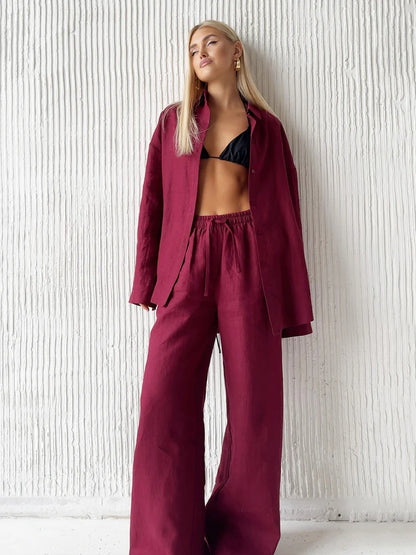 Women’s Casual Cozy Lapel Pink Shirt & Pants Set – Fashion Single-Breasted Blouse with Elastic Waist Trousers | 2025 Spring Loose Outfit