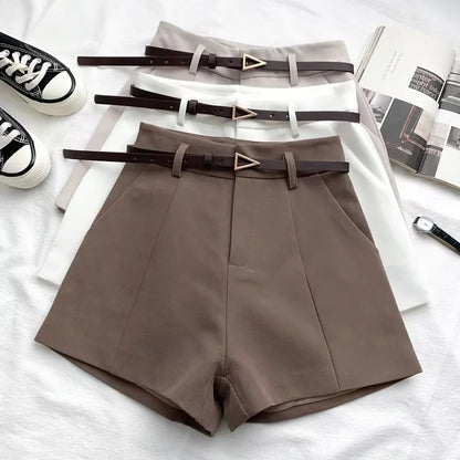 Women Casual A-line High Waist Shorts with Belt – Chic Office Lady Vintage Style Trousers for Spring & Summer