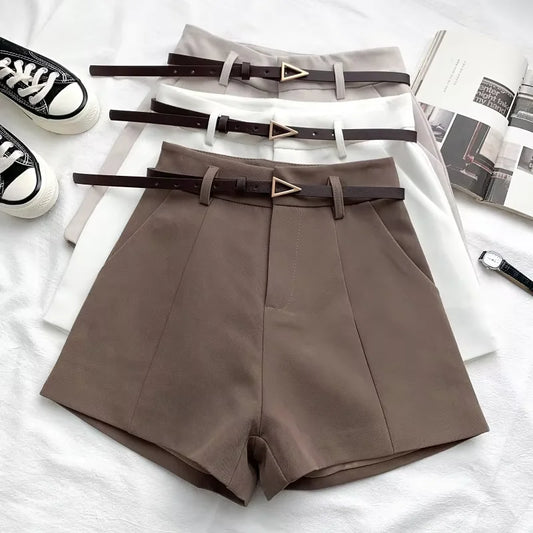 Women Casual A-line High Waist Shorts with Belt – Chic Office Lady Vintage Style Trousers for Spring & Summer