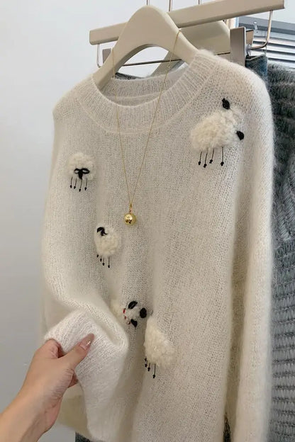 Women’s White Knit Sweater – Cute Animal Woolen Pullover | 2025 Autumn Winter Korean Fashion