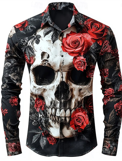 2025 Halloween Men’s Costume Shirt – Skull Print Button-Up Long Sleeve Casual Dress Shirt, Dark Gothic Style