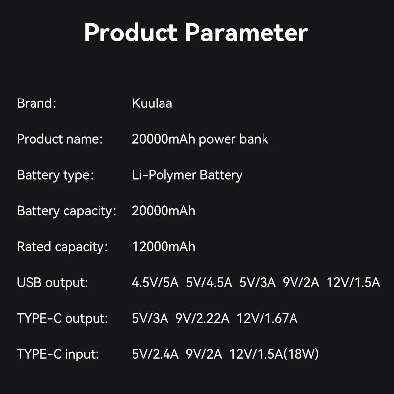 KUULAA 20000mAh Power Bank Portable External Battery 22.5W Fast Charging Portable Charger For iPhone xiaomi redmi poco Powerbank