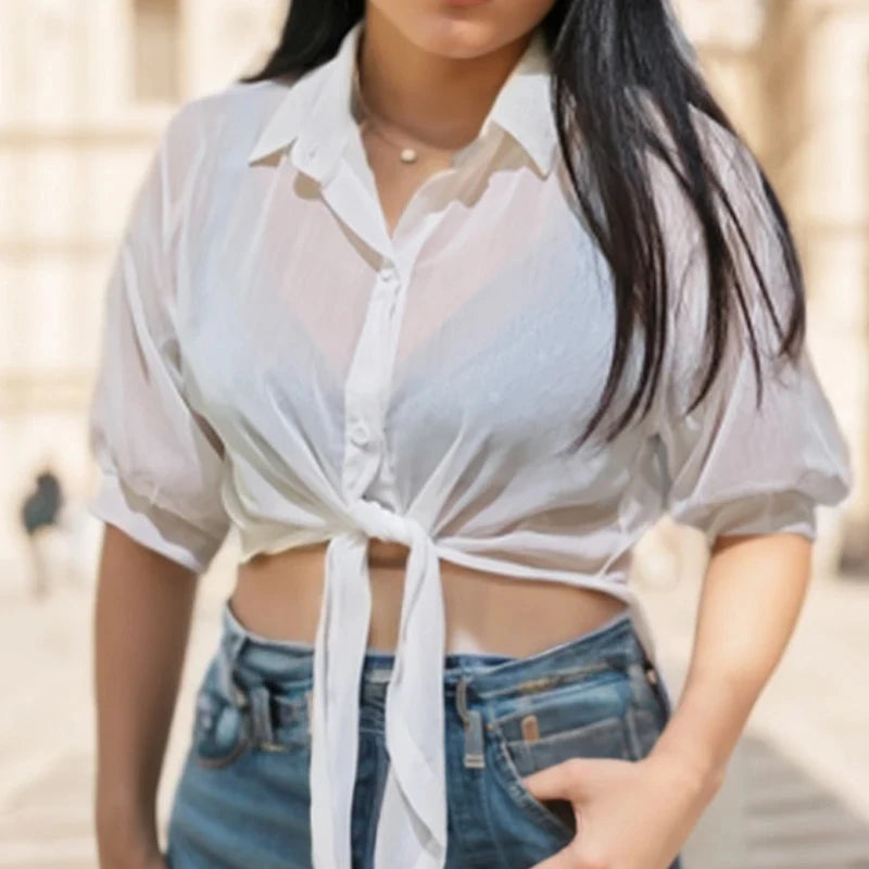 Women’s Casual White Chiffon Blouse – Hollow Bat Half Sleeve with Tied Waist & Buttons | Summer Elegant Top