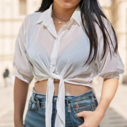 Women’s Casual White Chiffon Blouse – Hollow Bat Half Sleeve with Tied Waist & Buttons | Summer Elegant Top