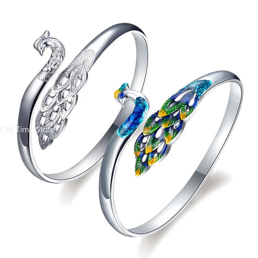 Cloisonnรฉ Peacock & Phoenix Silver-Plated Bracelet โ Ethnic Vintage Openwork Jewelry for Women