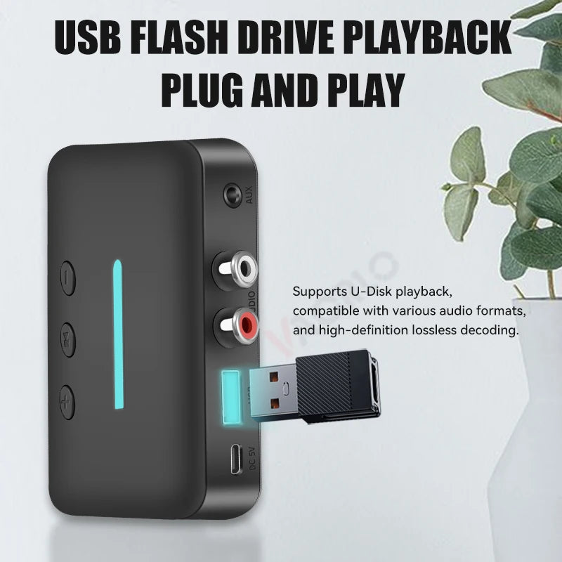 USB Bluetooth 5.3 Audio Receiver – Wireless Stereo Music Adapter, 3.5mm AUX & RCA, U-Disk Playback for Desktop Speakers & Amplifiers