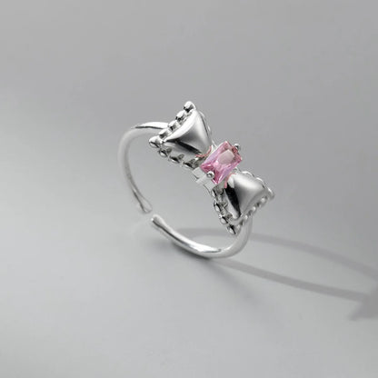925 Sterling Silver Adjustable Bow Ring – Pink Zircon Wedding Jewelry for Women & Fashion Accessories