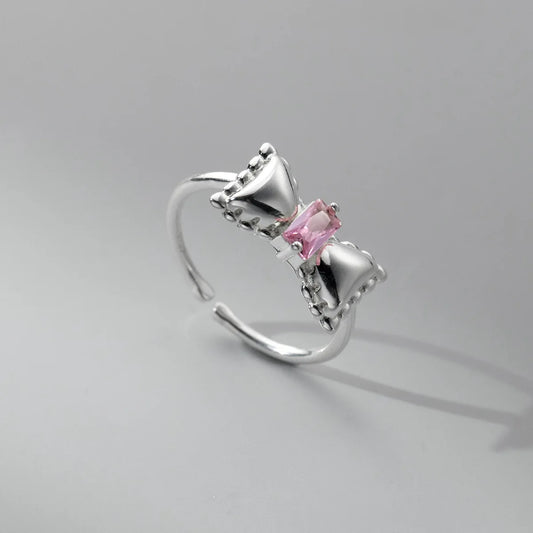925 Sterling Silver Adjustable Bow Ring – Pink Zircon Wedding Jewelry for Women & Fashion Accessories