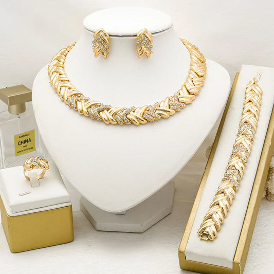 Dubai 18K Gold Plated Luxury Jewelry Set – Women’s Necklace, Earrings, Bracelet & Ring for Wedding and Party
