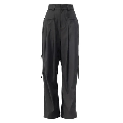 Women’s High-Waist Strap Design Wide-Leg Pants – Casual Loose Slimming Trousers for Spring & Autumn