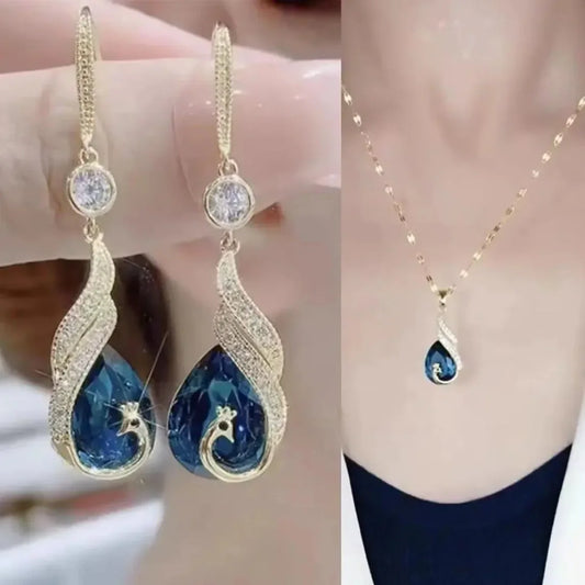 Elegant Blue Peacock Crystal Jewelry Set – Long Tassel Necklace & Earrings for Women, Vintage Luxury Party Gift