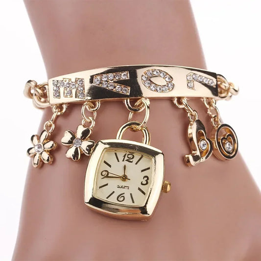 Women’s Rhinestone Chain Bracelet Watch – Letter Design Flower Pendant Dress Wristwatch Gift Zegarek Damski