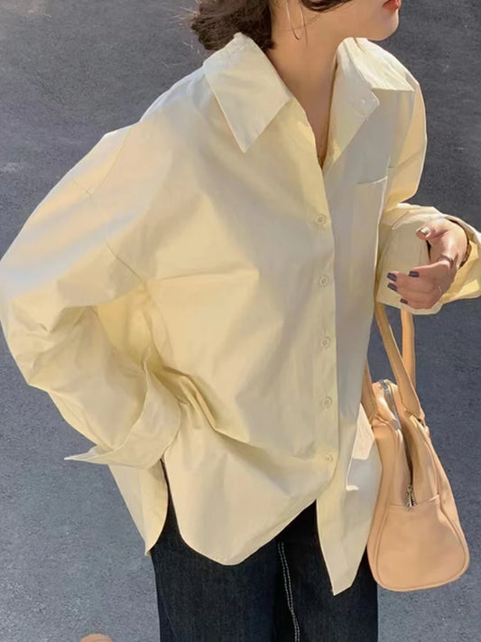 2025 Women’s Fashion Office Shirt – Loose Solid Vintage Long-Sleeve Button-Up Blouse | Casual Korean Chic Top