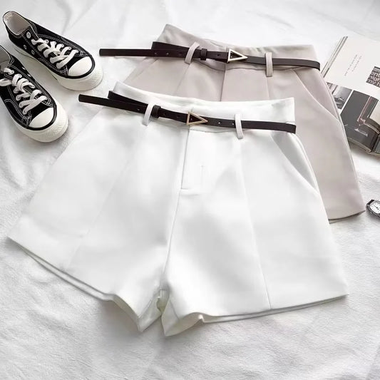 Women Casual A-line High Waist Shorts with Belt – Chic Office Lady Vintage Style Trousers for Spring & Summer