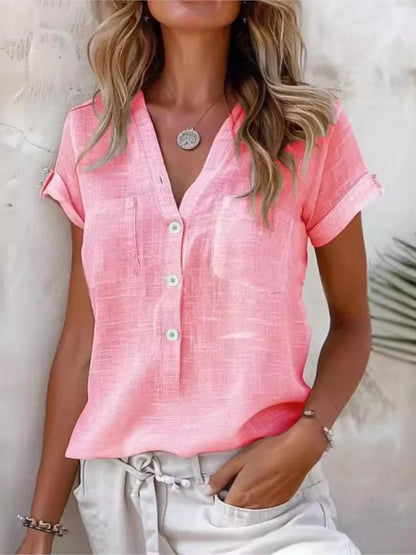 Women’s Casual V-Neck Shirt – Solid Short Sleeve Button Pullover Top | Summer Office Fashion Blouse