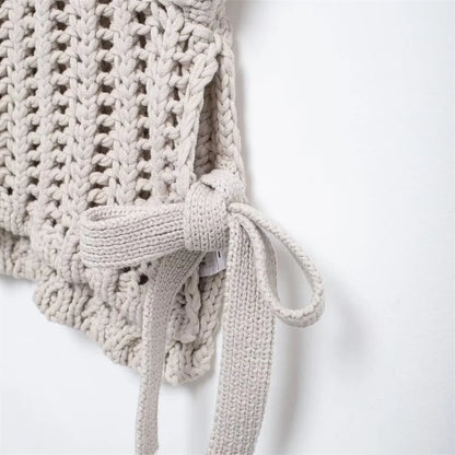 Women’s Hollow-Out Knit Pullover – Short Sleeve Lace-Up Bow Sweater