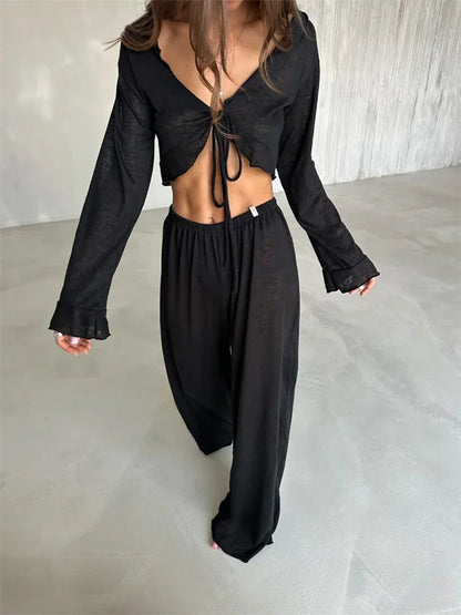 Women’s 2-Piece Fashion Set – V-Neck Lace-Up Long Sleeve Top & High-Waist Trousers | Casual Chic Outfit