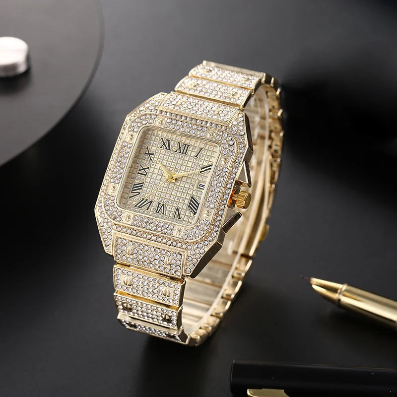Classic Luxury Men’s Square Rhinestone Quartz Watch – Business Stainless Steel Roman Scale Wristwatch