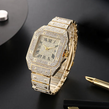 Classic Luxury Men’s Square Rhinestone Quartz Watch – Business Stainless Steel Roman Scale Wristwatch