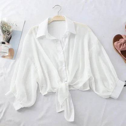 Women’s Elegant White Chiffon Blouse – Loose Fit Tied Waist Hollow Design Bat Sleeve Summer Shirt