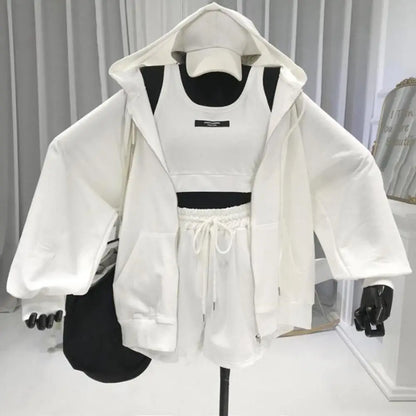 Women’s 3-Piece Casual Activewear Set – Hoodie, Drawstring Shorts & Vest | Sportswear & Lounge Outfit