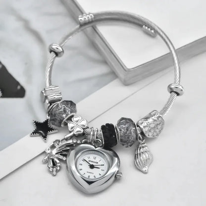 Women’s Love Bracelet Quartz Watch – Stylish Round Silver Casual Fashion Jewelry Gift