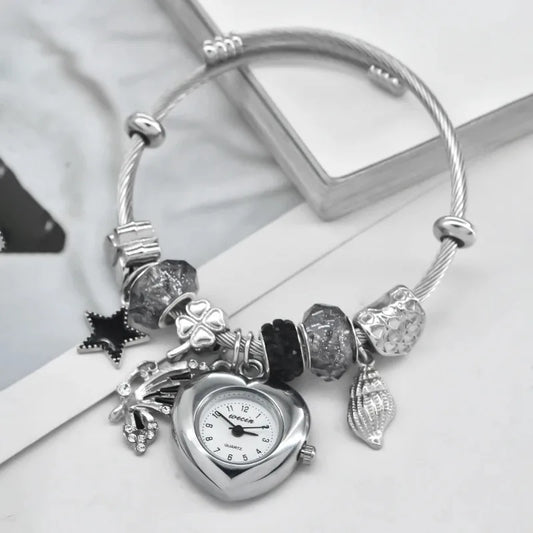 Women’s Love Bracelet Quartz Watch – Stylish Round Silver Casual Fashion Jewelry Gift