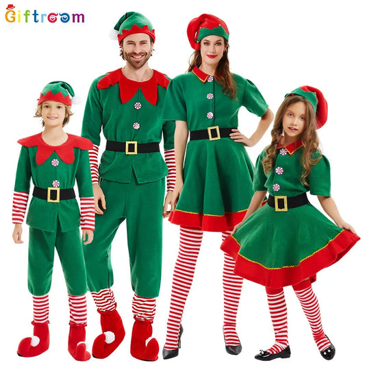 2025 New Christmas Children's and Adult Christmas Elf Costumes, Santa Claus Green Elf Costumes, Cosplay Halloween Costume Set