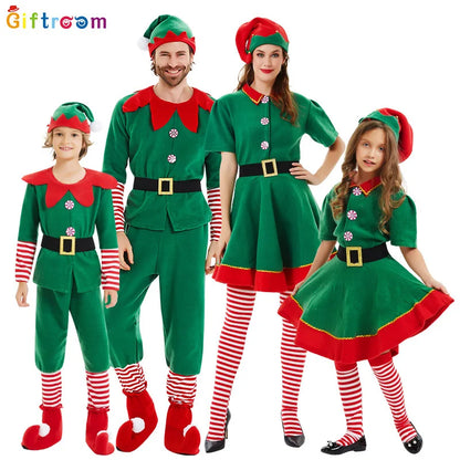 2025 New Christmas Children's and Adult Christmas Elf Costumes, Santa Claus Green Elf Costumes, Cosplay Halloween Costume Set