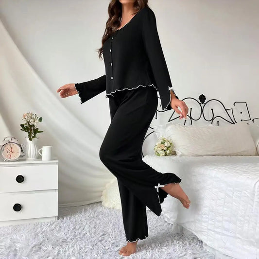 New 2025 Women Spring Summer Pajamas Set – Long Sleeve Solid T-shirt with Pants, Loose Casual Loungewear
