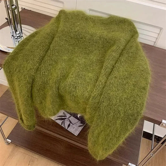 Women’s Soft Knitted Sweater – Casual Green O-Neck Long Sleeve Loose Pullover Top