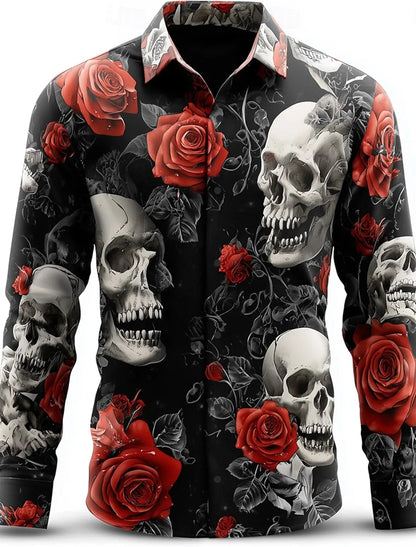 2025 Halloween Men’s Costume Shirt – Skull Print Button-Up Long Sleeve Casual Dress Shirt, Dark Gothic Style