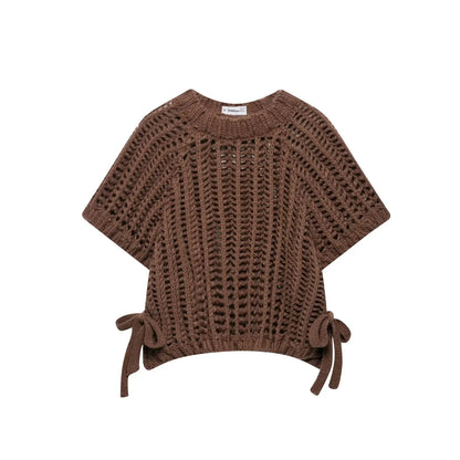 Women’s Hollow-Out Knit Pullover – Short Sleeve Lace-Up Bow Sweater