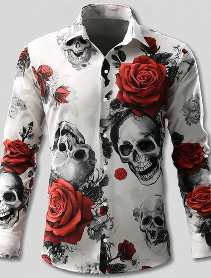 2025 Halloween Men’s Costume Shirt – Skull Print Button-Up Long Sleeve Casual Dress Shirt, Dark Gothic Style