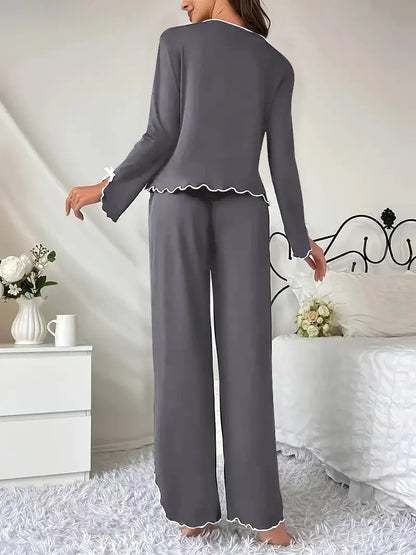 New 2025 Women Spring Summer Pajamas Set – Long Sleeve Solid T-shirt with Pants, Loose Casual Loungewear